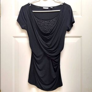 Womens Y2K Top XS Black Beaded Stretch Draped Cowl Whimsigoth New York & Co